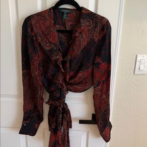 Ralph Lauren Navy, Black and Red Paisley 100% Silk Wrap Blouse Size XL